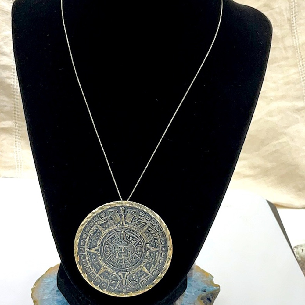 Vtg.17” Sterling Silver Necklace With Signed Sterling Silver 925 Mayan Sun God - Picture 3 of 8